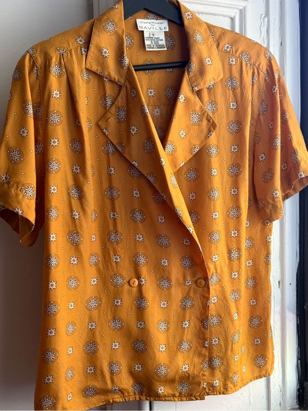Vintage Saville Mustard Geometric Print Wrap Blouse Double Breasted Size 8